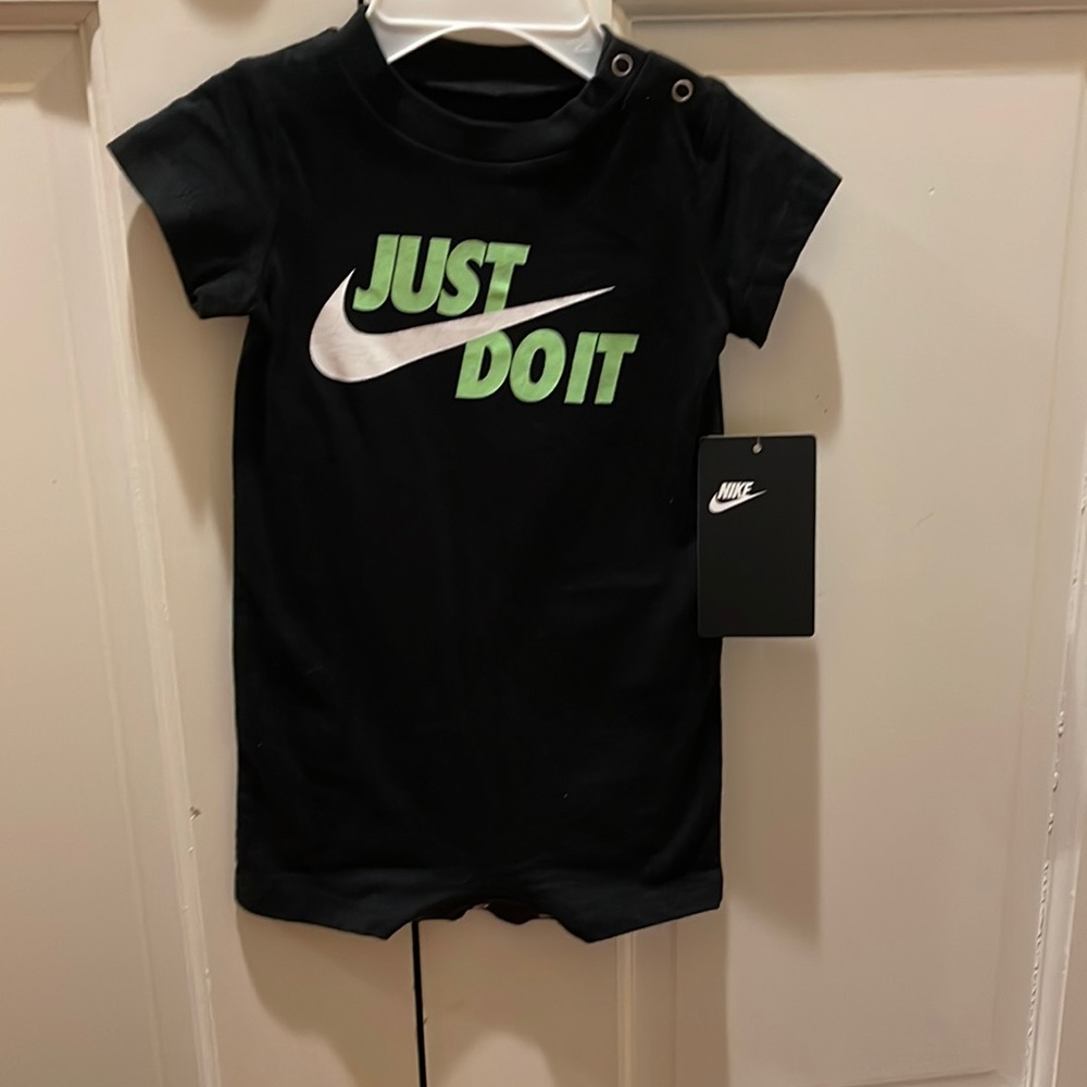 Nike Kids Black One-Piece with White Swoosh and Green "Just Do It"